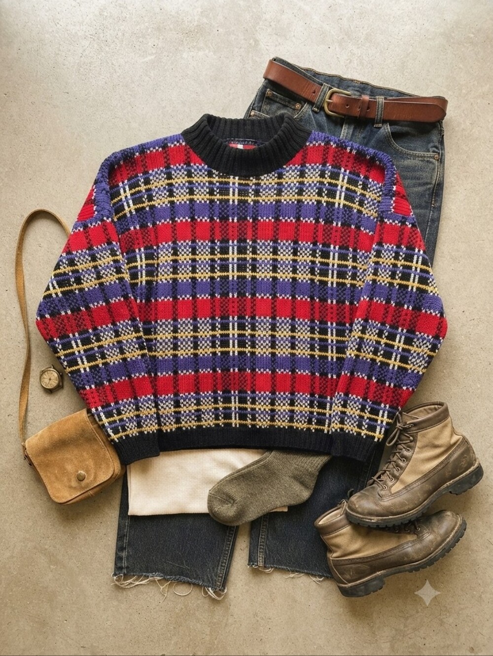 Vintage Headliners Croquet Club Red Purple Black Multicolor Plaid Sweater